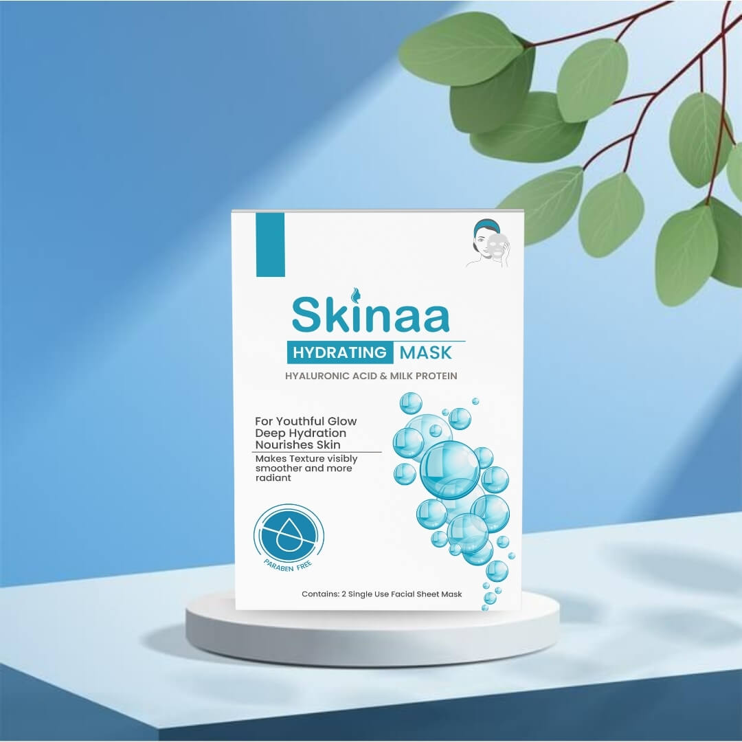 Skinaa Hydrating Mask with Hyaluronic Acid and Milk Protein, displayed on a round white podium with blue background and green leaves – deep hydration and nourishing face mask for youthful glow